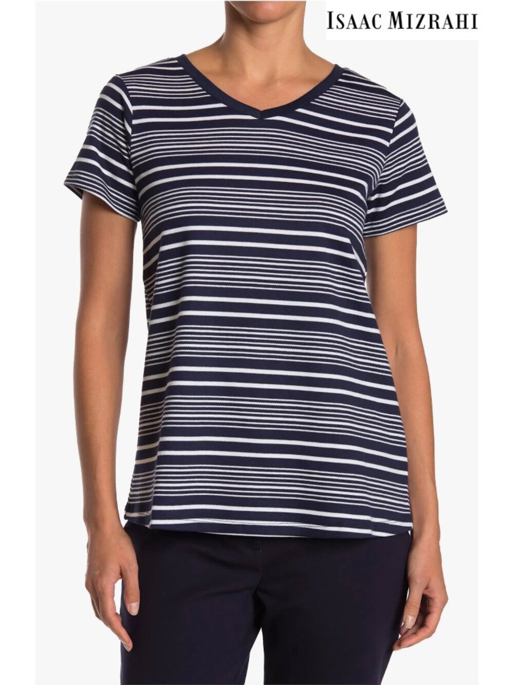 ISAAC MIZRANI NWT V-NECK S/S COTTON VARIED STRIPE CLASSIC NAVY TEE. SIZE S